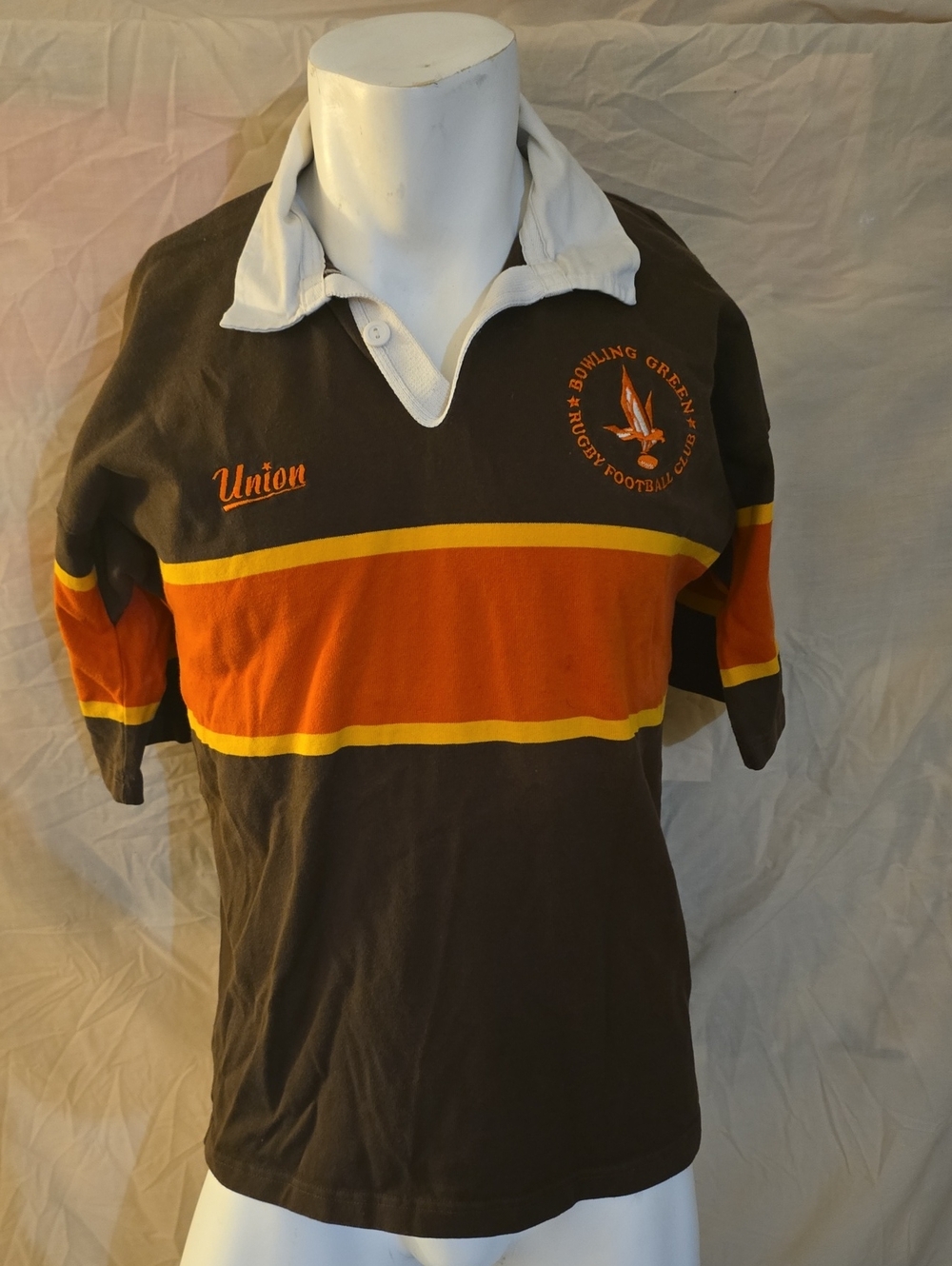 Men’s Vintage Rugby-Style Polo Shirt Brown w/Orange Stripe Bowling Green U Large